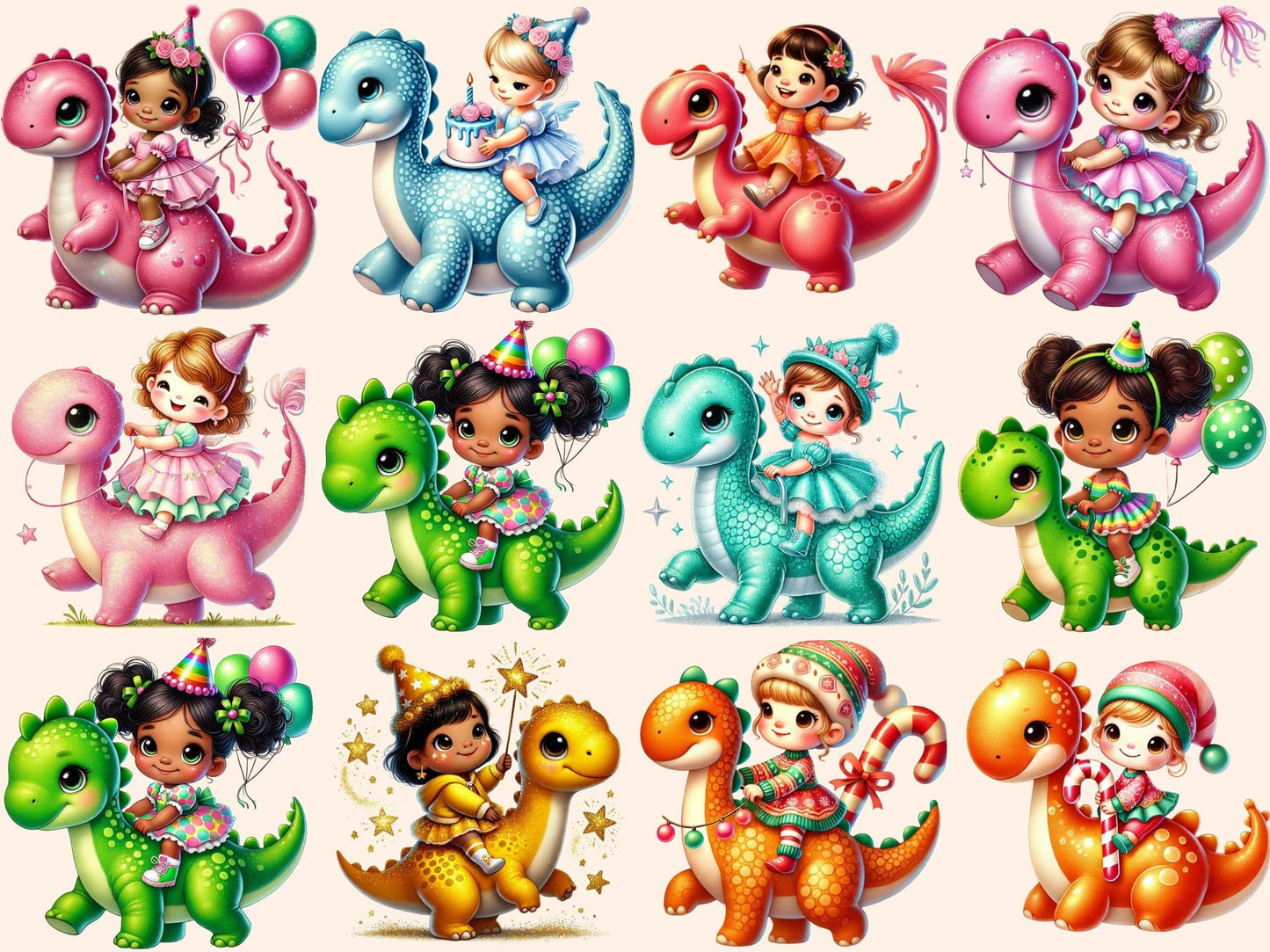 Girls on Dinosaurs Clipart - High - Quality Instant Digital Download for Creative Projects