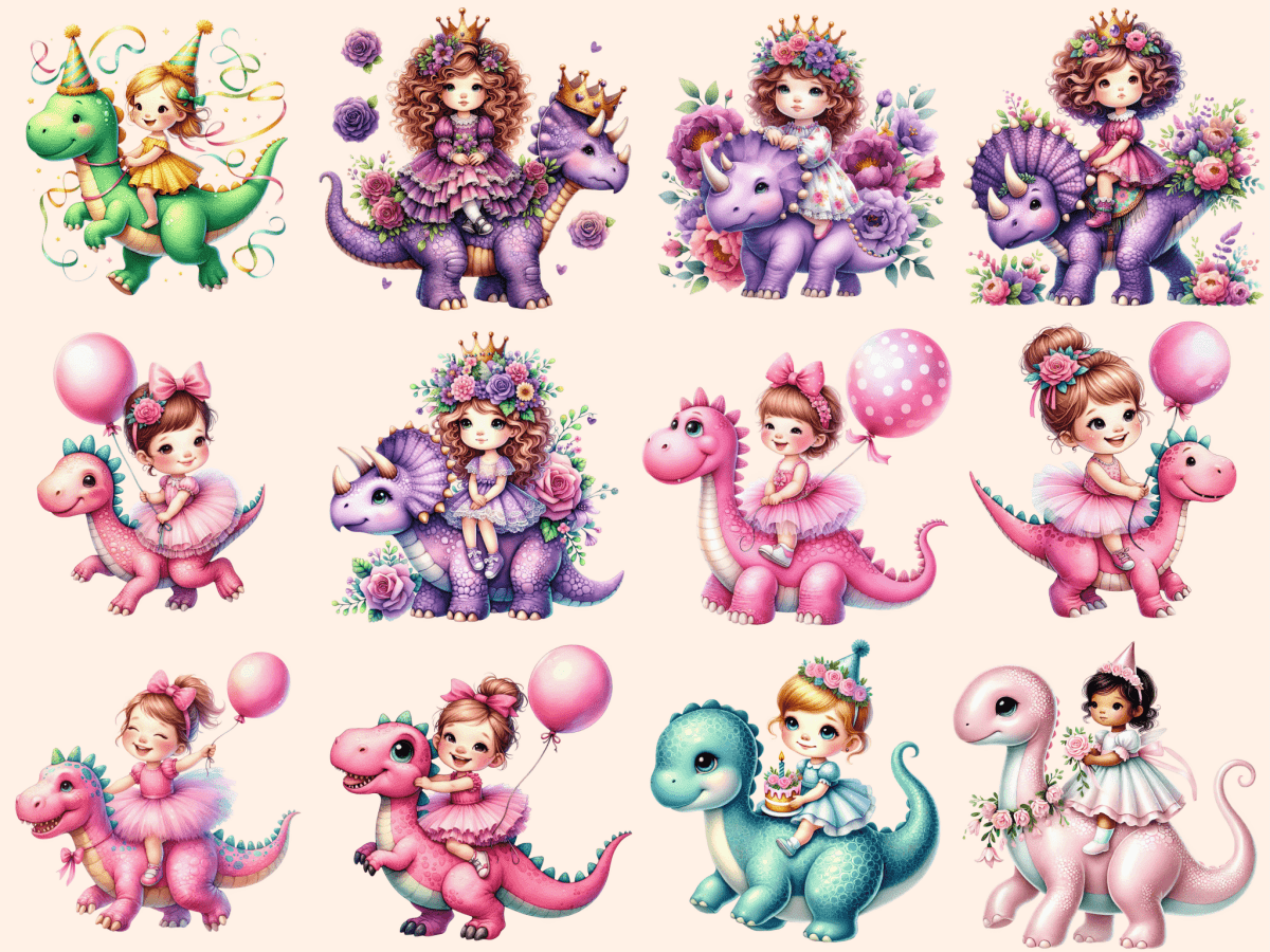 Girls on Dinosaurs Clipart autopost Dino Graphics Dino Ride Art - WondersArtist