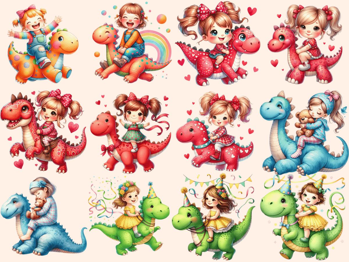 Girls on Dinosaurs Clipart autopost Dino Graphics Dino Ride Art - WondersArtist