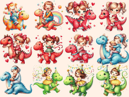 Girls on Dinosaurs Clipart autopost Dino Graphics Dino Ride Art - WondersArtist