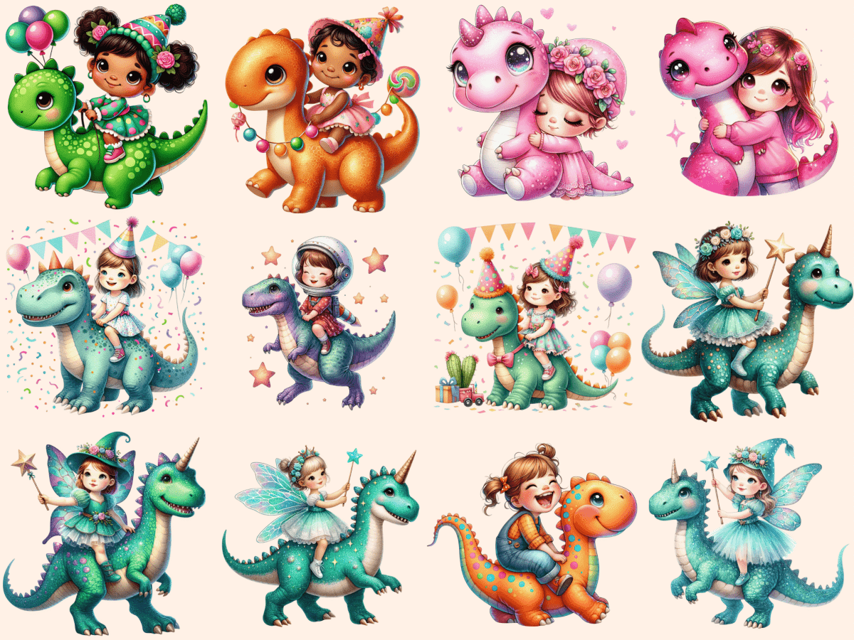Girls on Dinosaurs Clipart autopost Dino Graphics Dino Ride Art - WondersArtist