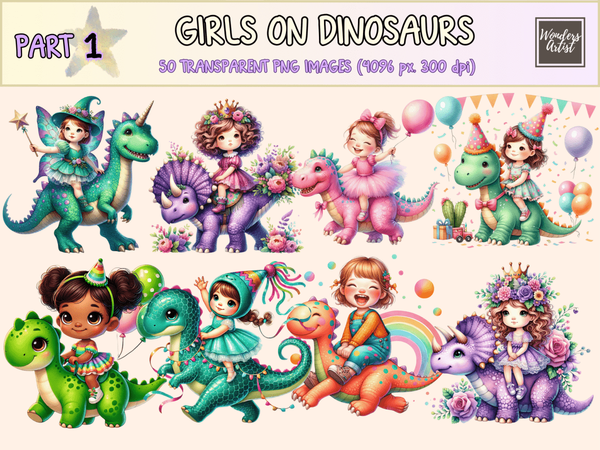 Girls on Dinosaurs Clipart autopost Dino Graphics Dino Ride Art - WondersArtist