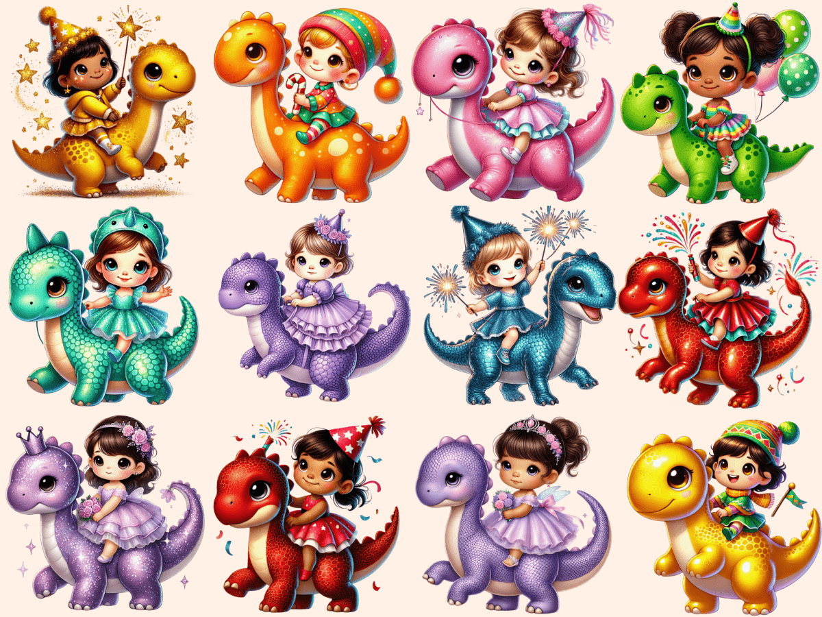 Girls on Dinosaurs Clipart autopost Dino Graphics Dino Ride Art - WondersArtist