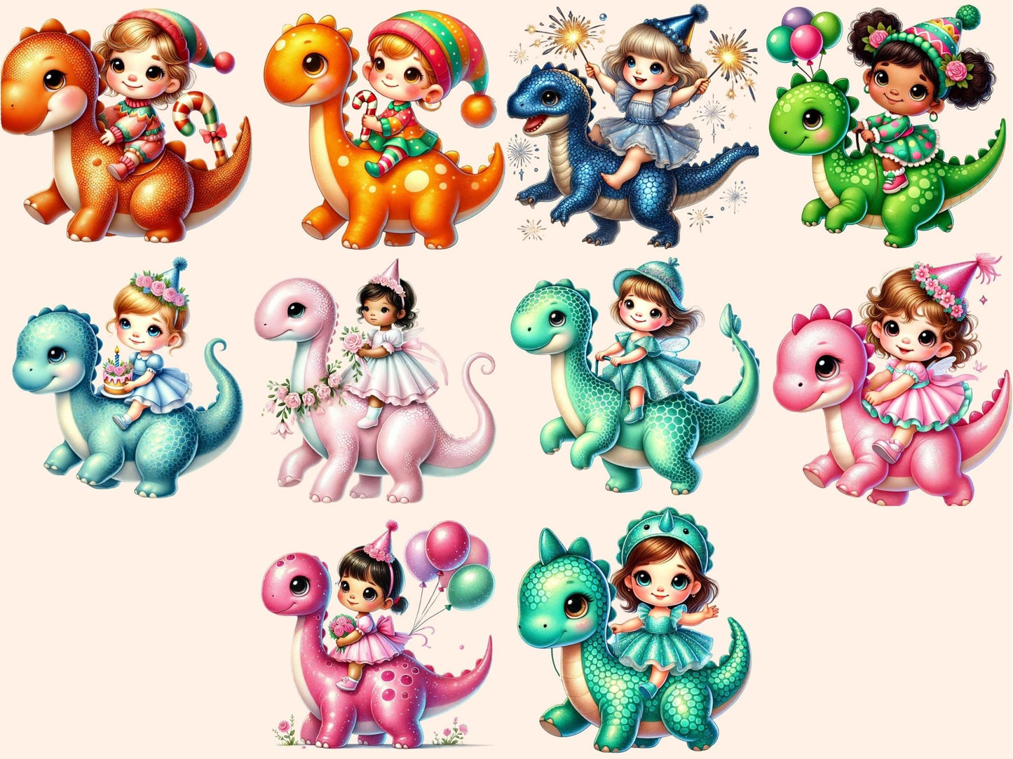 Girls on Dinosaurs Clipart - High - Quality Instant Digital Download for Creative Projects