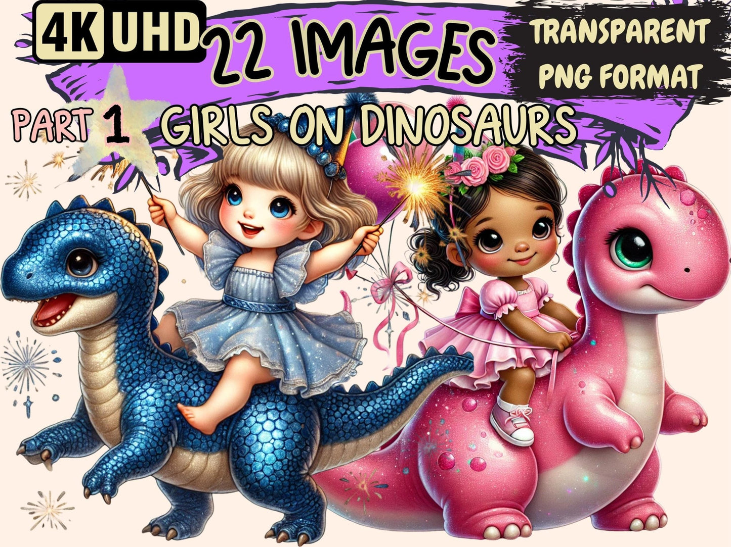 Girls on Dinosaurs Clipart - High - Quality Instant Digital Download for Creative Projects