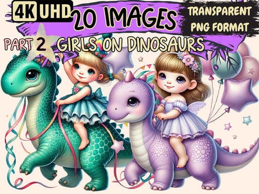 Girls on Dinosaurs (P2) Clipart - High - Quality Instant Digital Download for Creative Projects