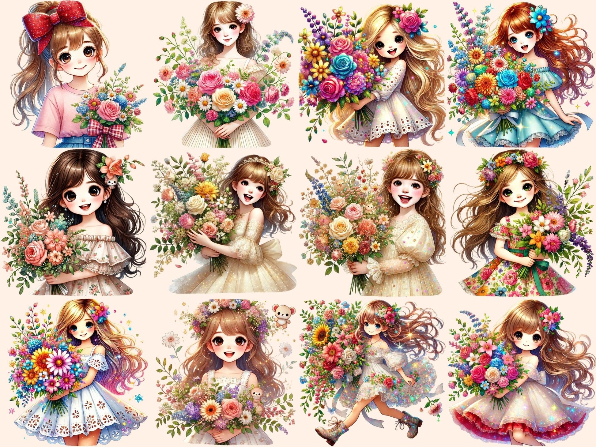 Girls with Bouquets Clipart - High - Quality Instant Digital Download for Creative Projects