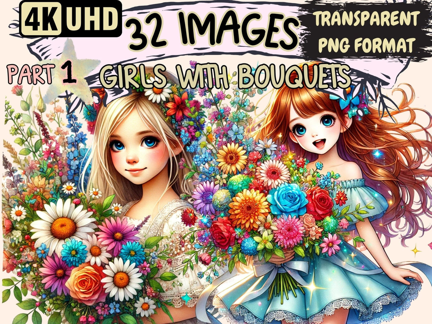 Girls with Bouquets Clipart - High - Quality Instant Digital Download for Creative Projects