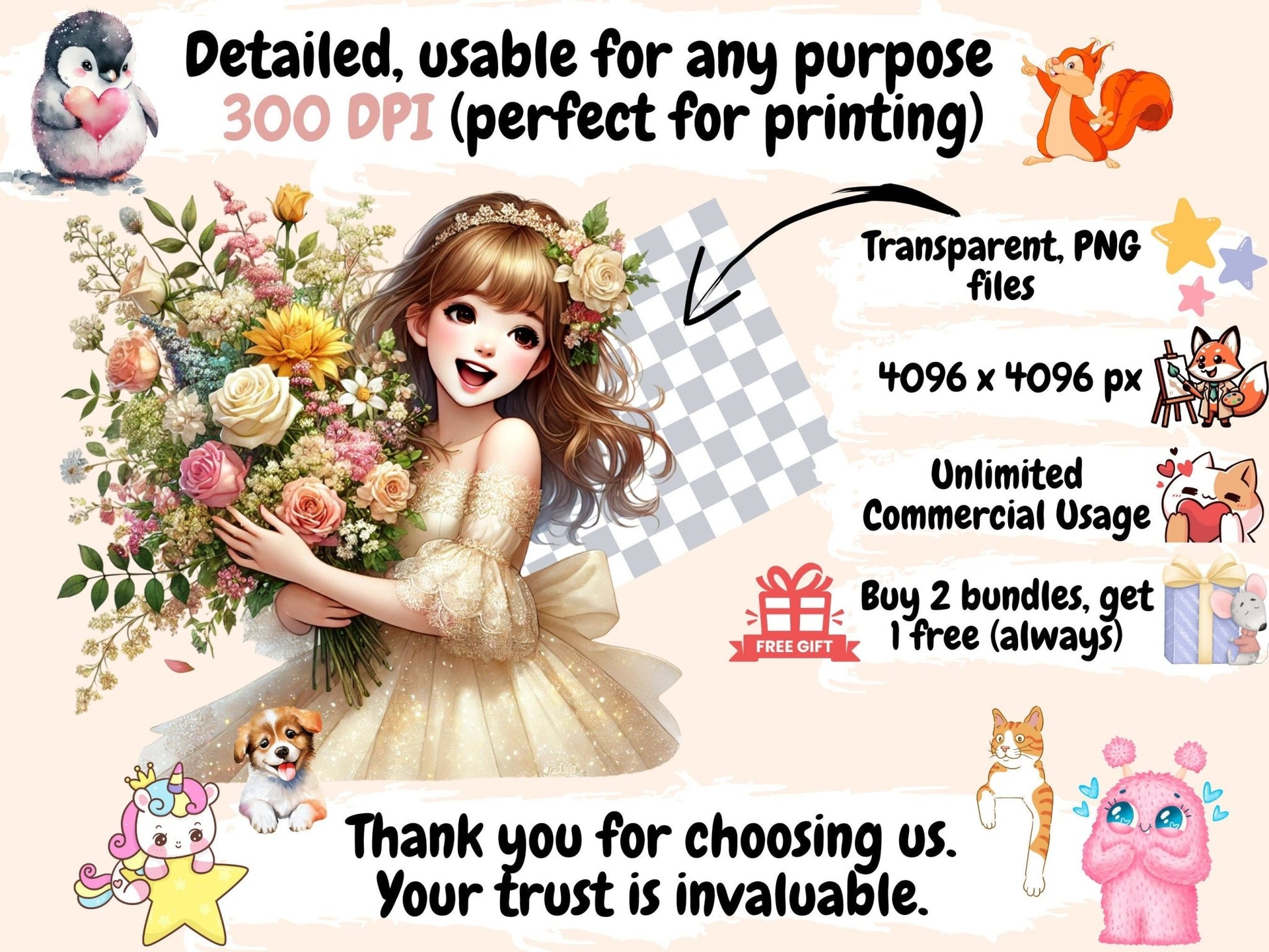 Girls with Bouquets Clipart - High - Quality Instant Digital Download for Creative Projects