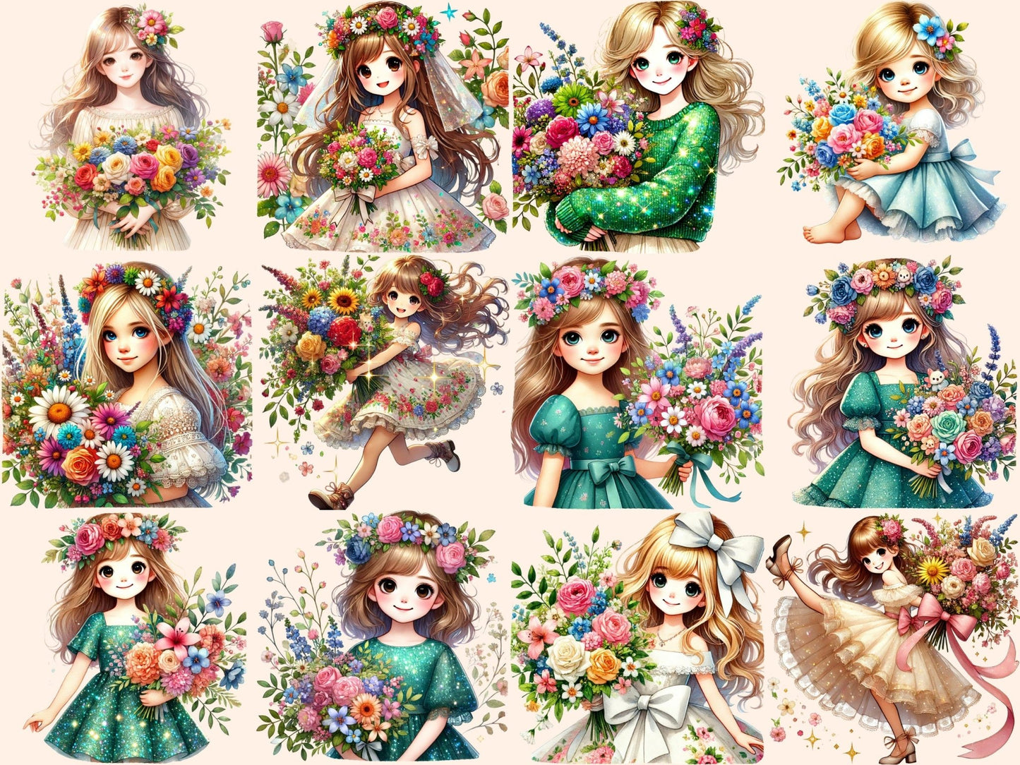 Girls with Bouquets Clipart - High - Quality Instant Digital Download for Creative Projects