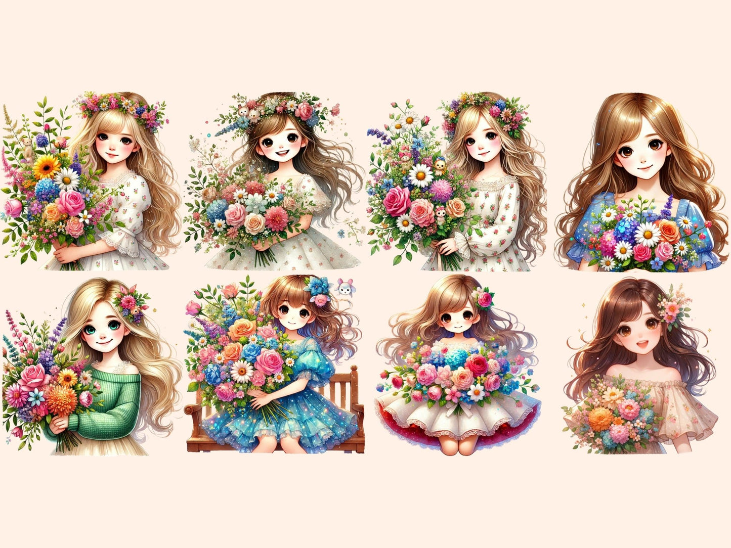 Girls with Bouquets Clipart - High - Quality Instant Digital Download for Creative Projects