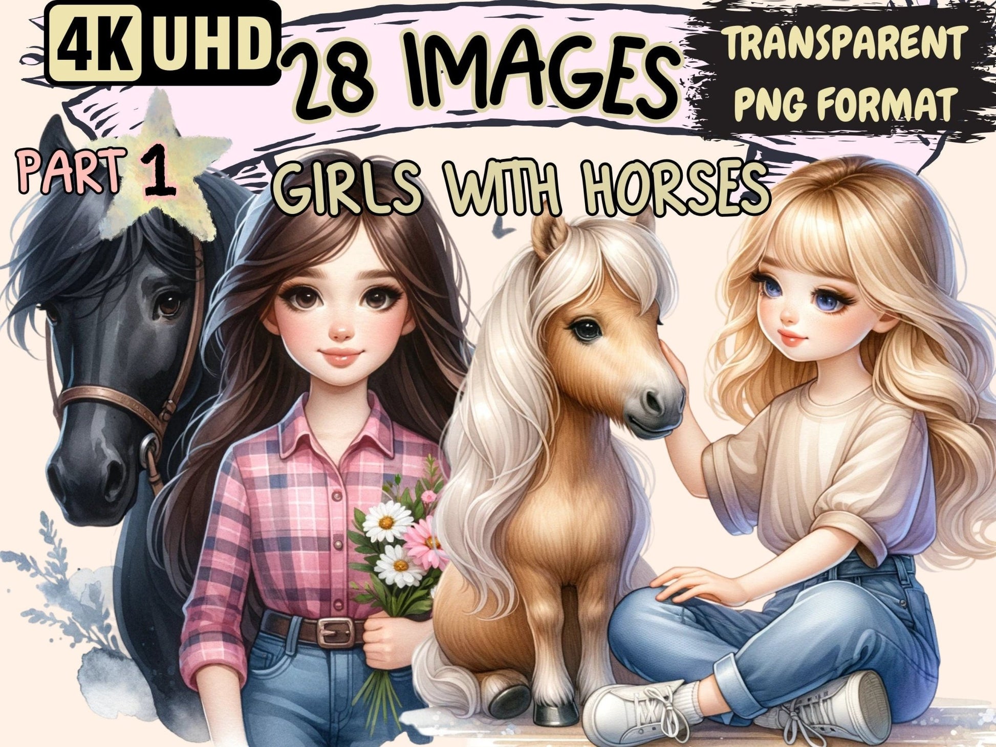 Girls with Horses Clipart - High - Quality Instant Digital Download for Creative Projects