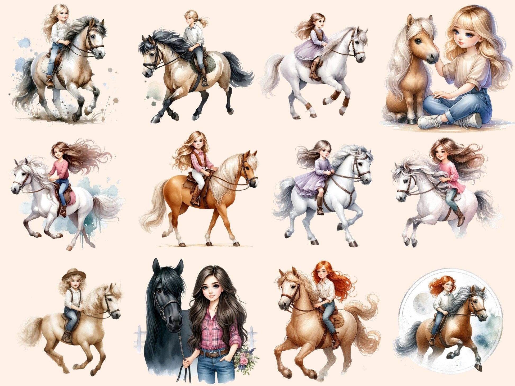 Girls with Horses Clipart - High - Quality Instant Digital Download for Creative Projects