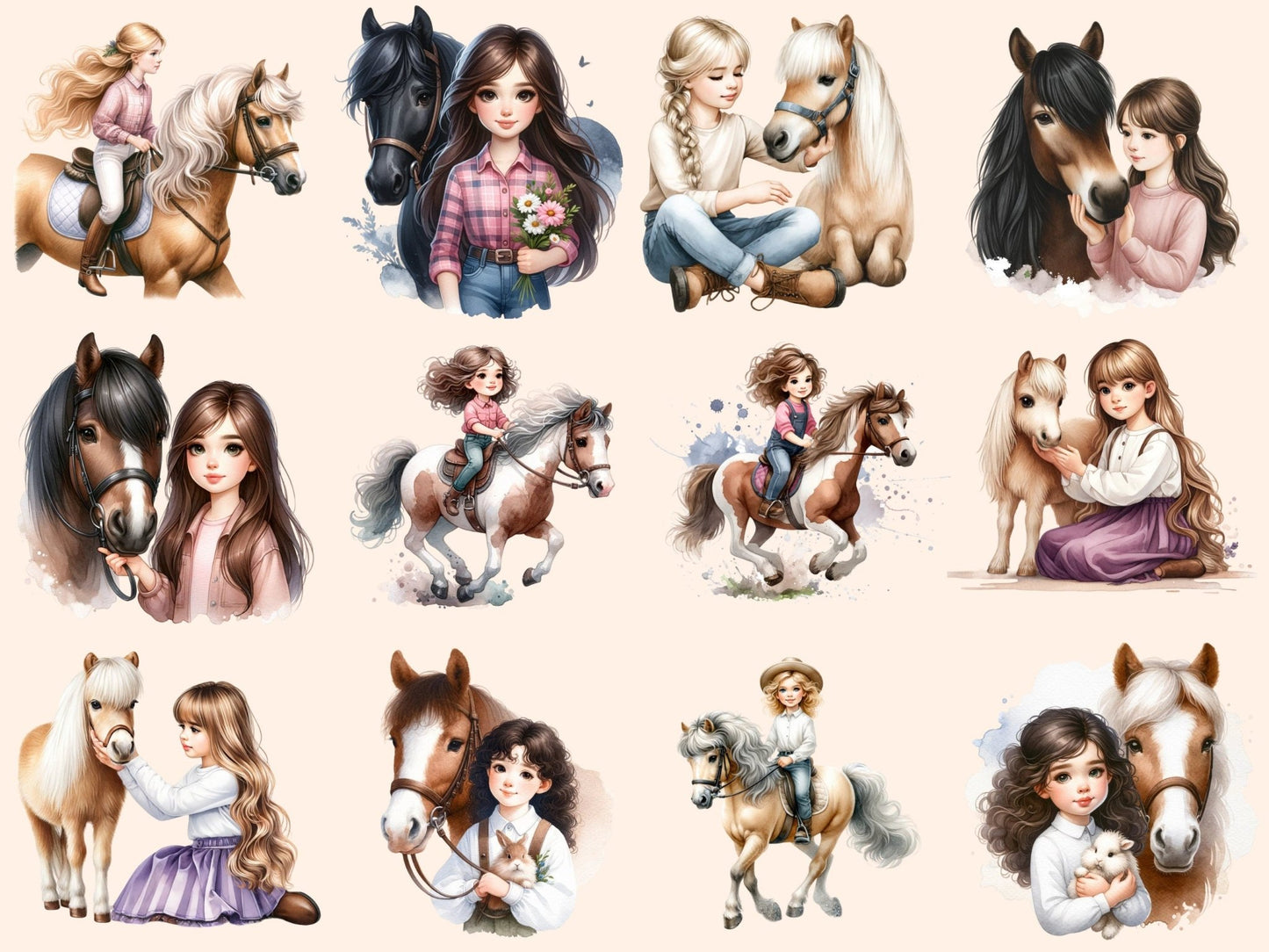 Girls with Horses Clipart - High - Quality Instant Digital Download for Creative Projects