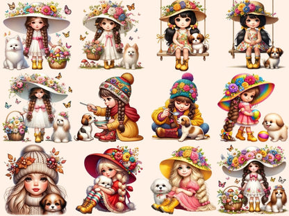 Gnome Girls with Dogs Clipart Cute gnome art - Wonders Artist