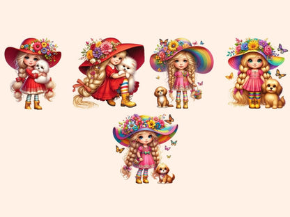 Gnome Girls with Dogs Clipart Cute gnome art - Wonders Artist