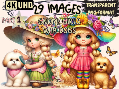 Gnome Girls with Dogs Clipart Cute gnome art - Wonders Artist