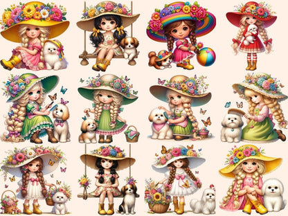 Gnome Girls with Dogs Clipart Cute gnome art - Wonders Artist