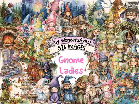 Gnome Ladies Watercolor Clipart female gnome clipart - Wonders Artist