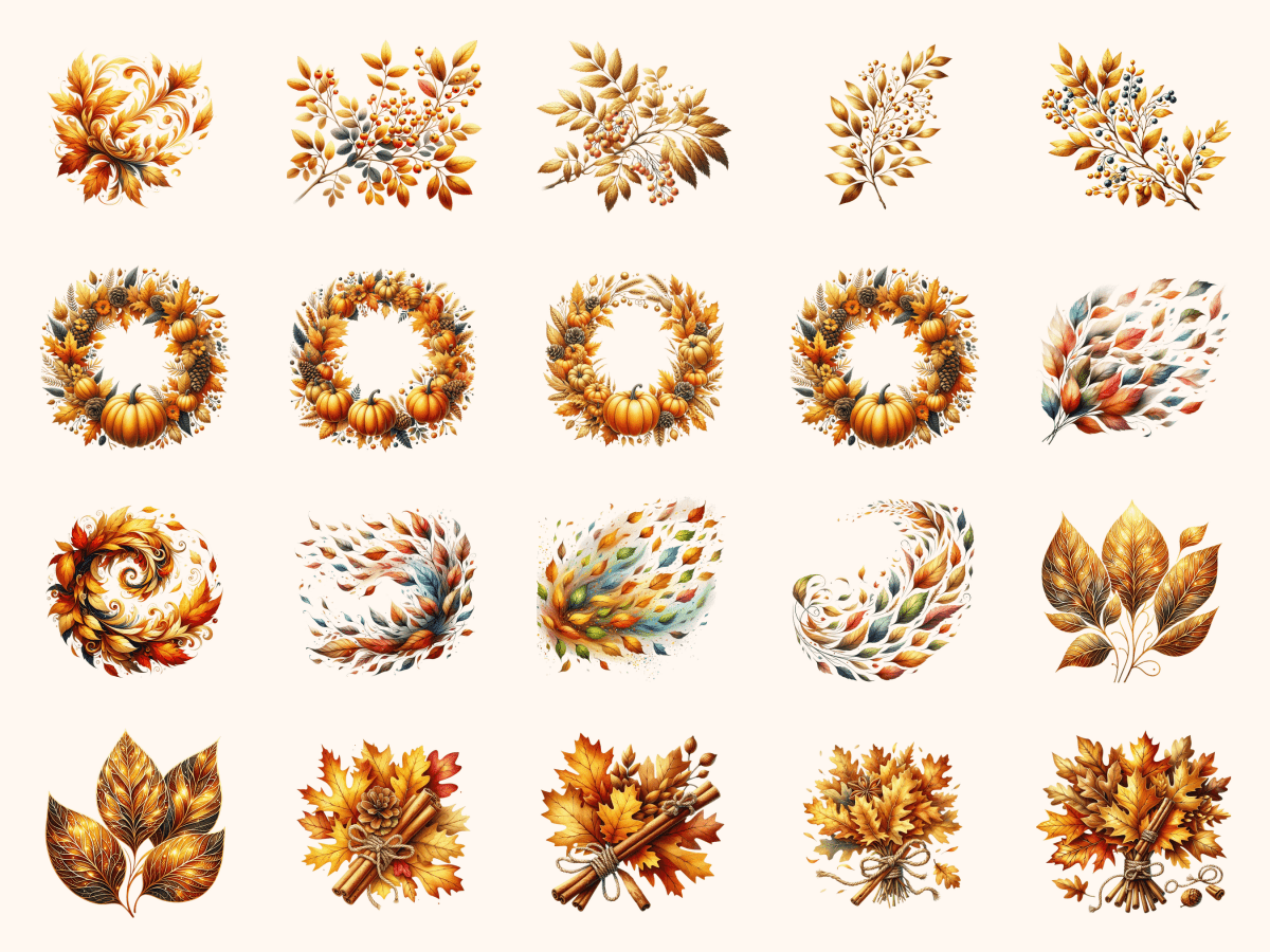 Golden Autumn Leaves Clipart All Bundles Clipart Line Art - WondersArtist