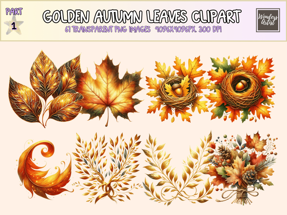 Golden Autumn Leaves Clipart All Bundles Clipart Line Art - WondersArtist