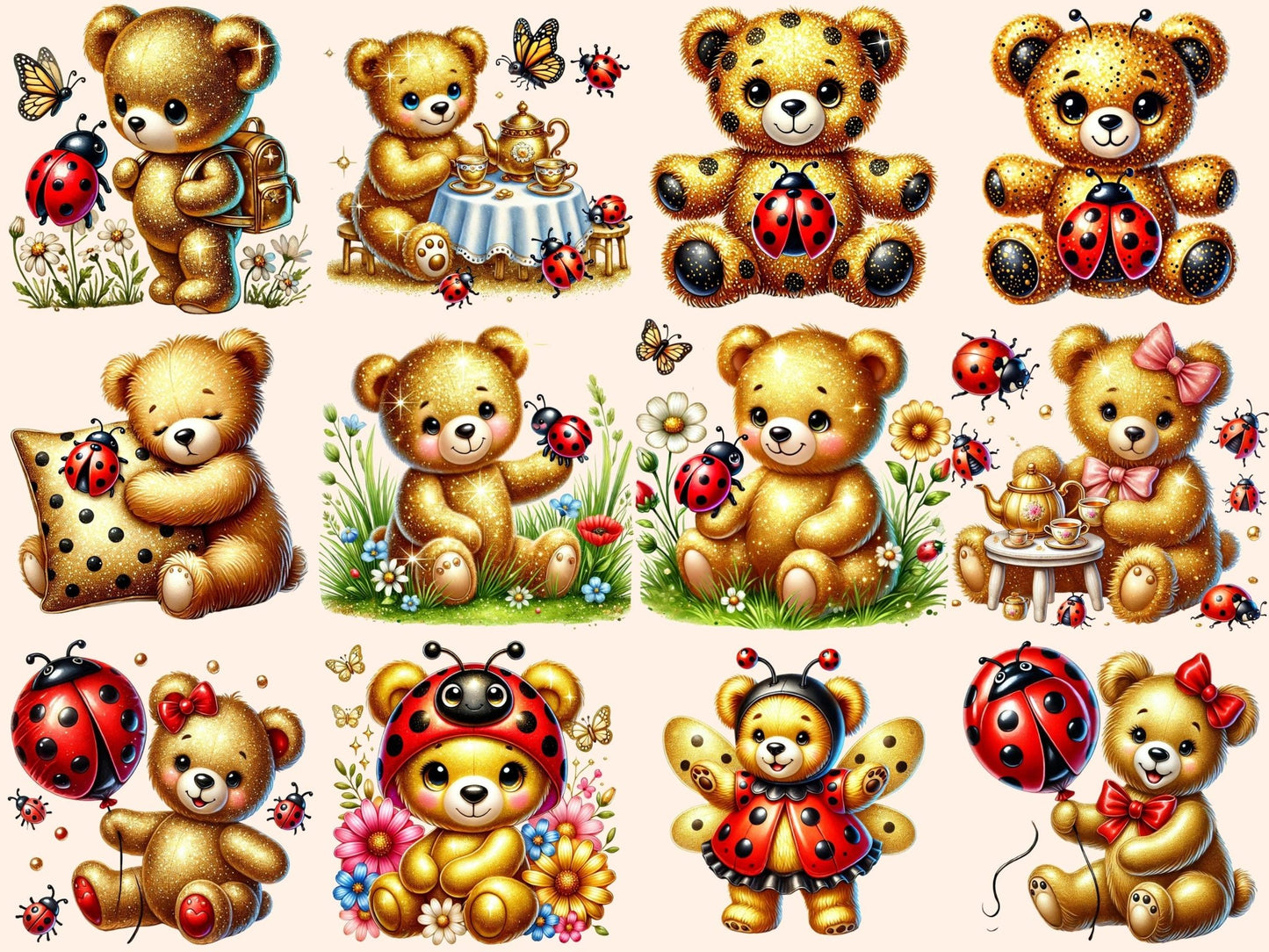 Golden Ladybug Teddies Clipart - High - Quality Instant Digital Download for Creative Projects