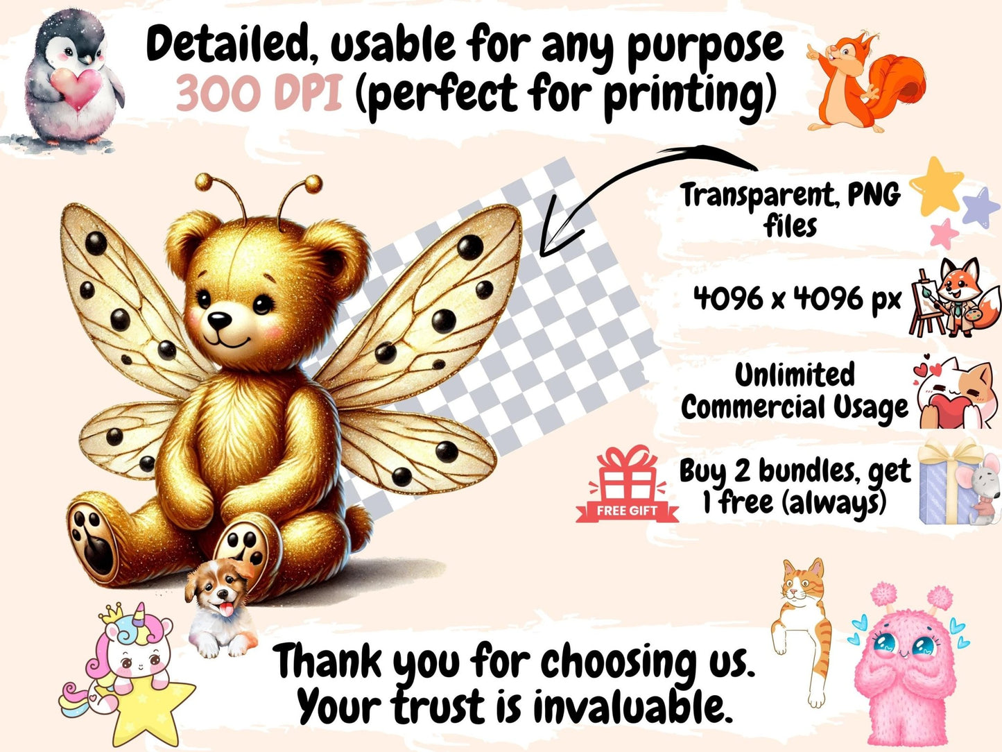 Golden Ladybug Teddies Clipart - High - Quality Instant Digital Download for Creative Projects