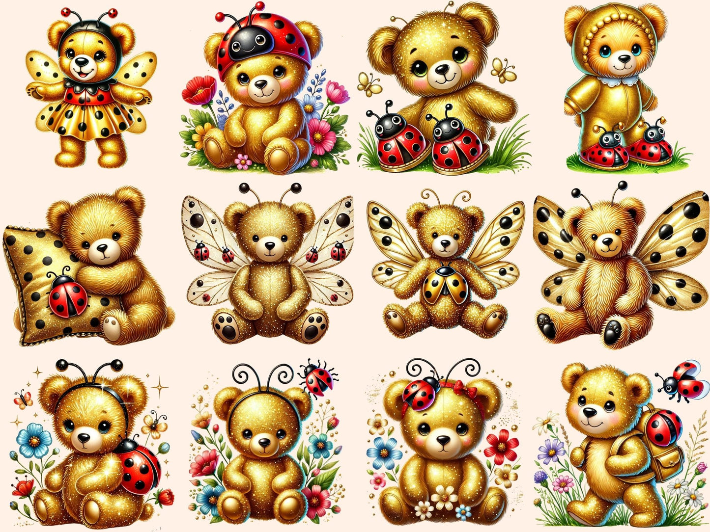 Golden Ladybug Teddies Clipart - High - Quality Instant Digital Download for Creative Projects