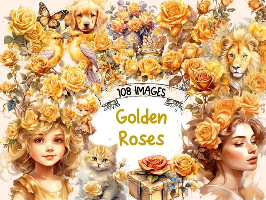 Golden Roses Watercolor Clipart gold floral clipart - Wonders Artist