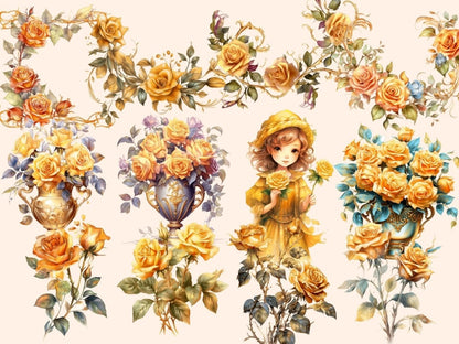 Golden Roses Watercolor Clipart gold floral clipart - Wonders Artist