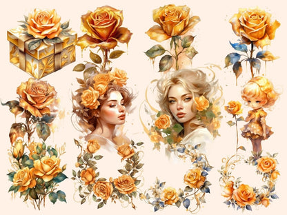 Golden Roses Watercolor Clipart gold floral clipart - Wonders Artist