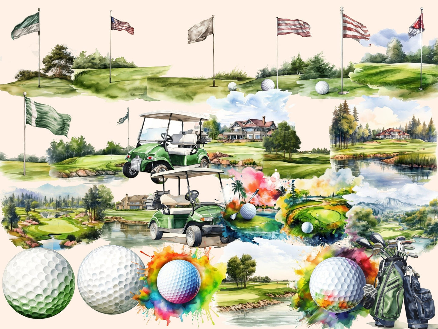 Golf Watercolor Clipart - High - Quality Instant Digital Download for Creative Projects