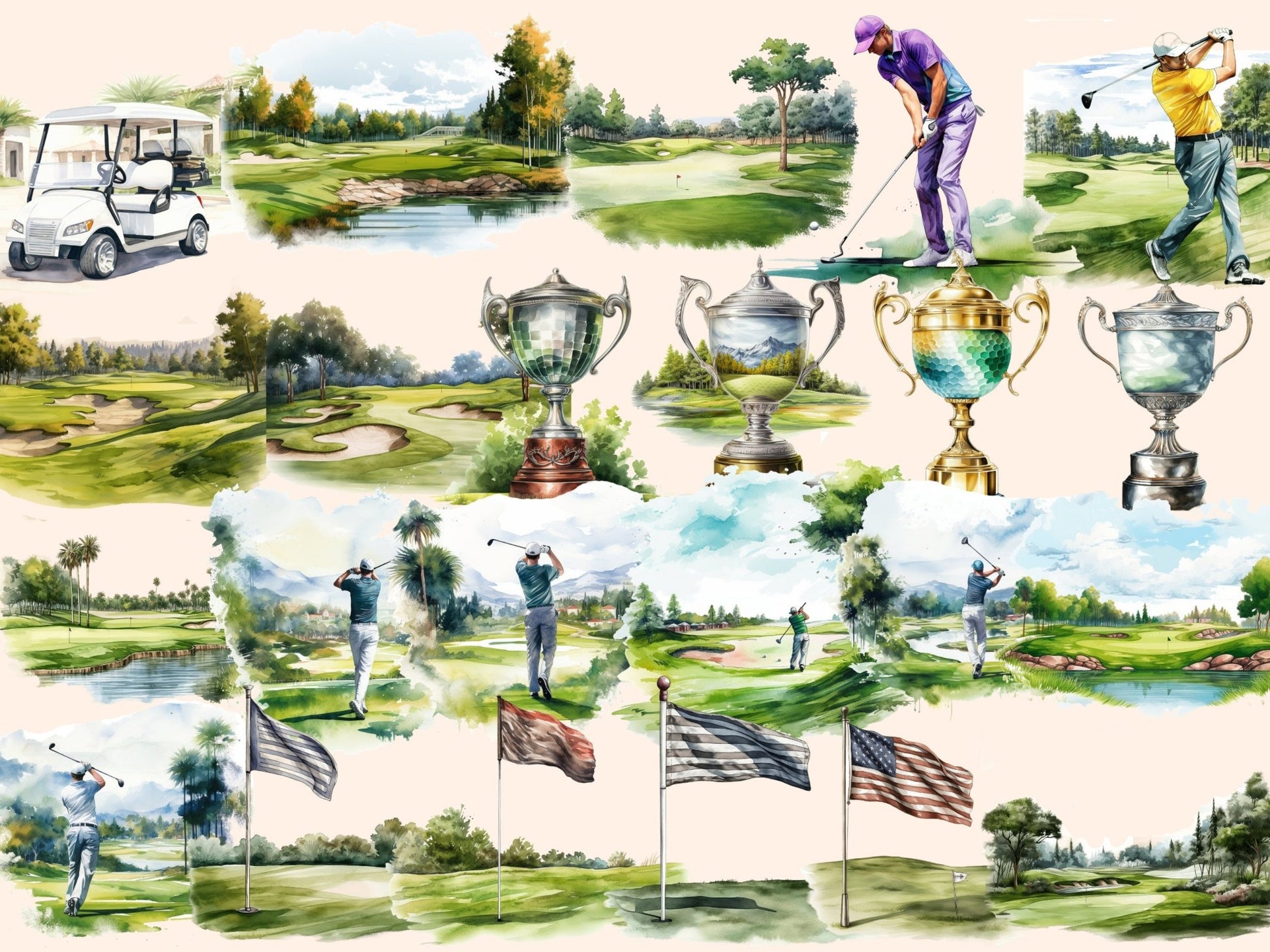 Golf Watercolor Clipart - High - Quality Instant Digital Download for Creative Projects