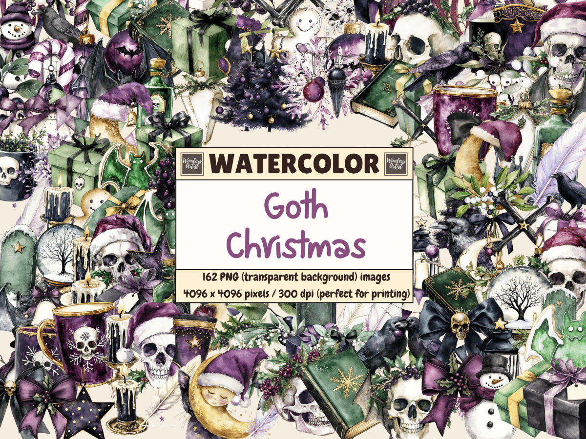 Goth Christmas Watercolor Clipart All Bundles Clipart Line Art - WondersArtist
