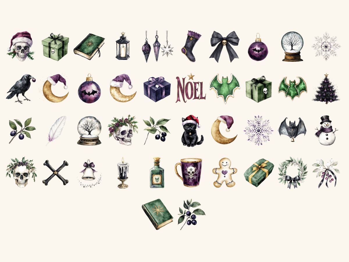 Goth Christmas Watercolor Clipart All Bundles Clipart Line Art - WondersArtist