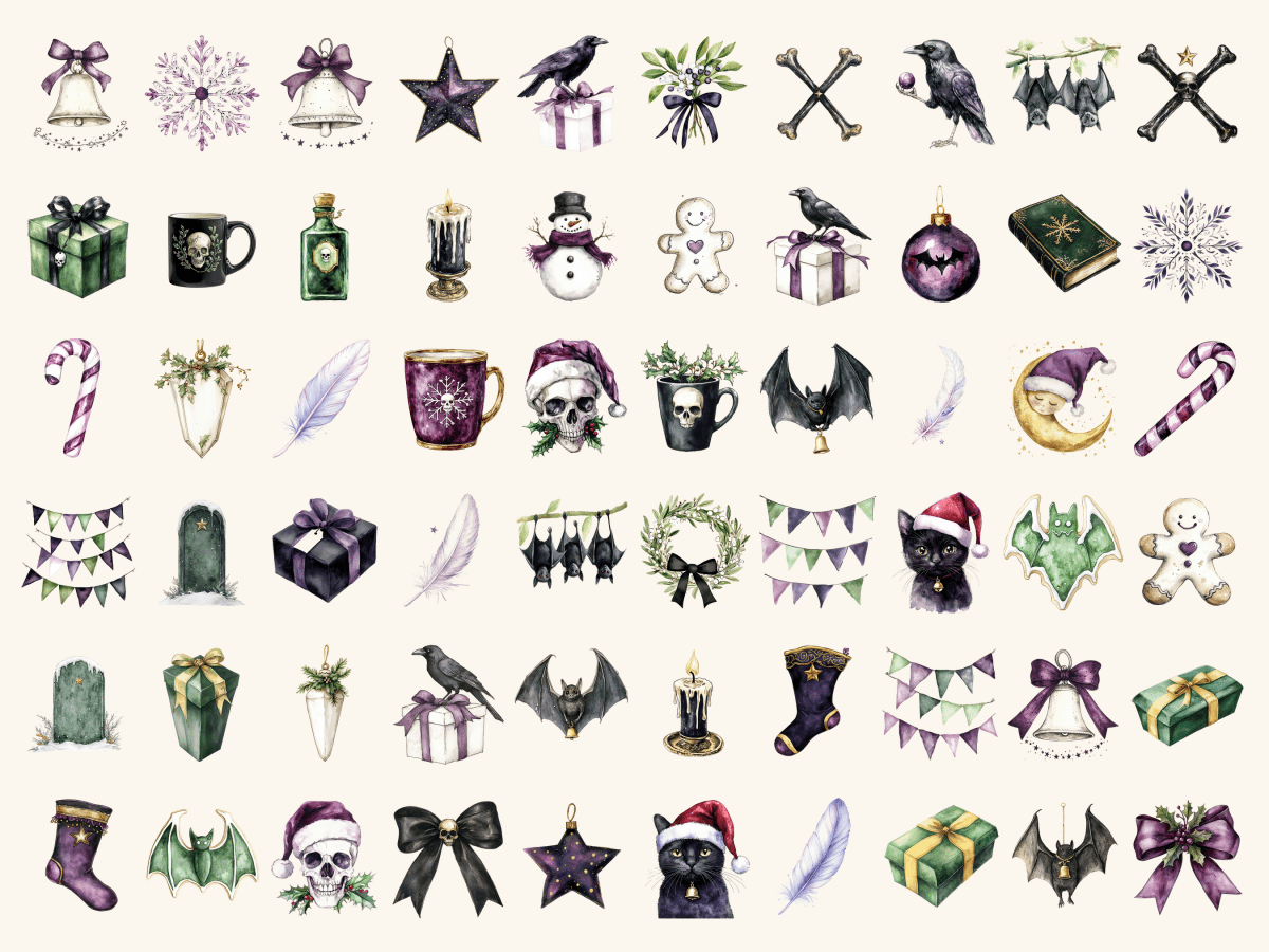 Goth Christmas Watercolor Clipart All Bundles Clipart Line Art - WondersArtist