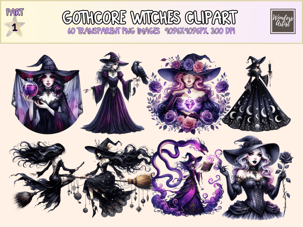 Gothcore Witches Clipart All Bundles Clipart Line Art - WondersArtist