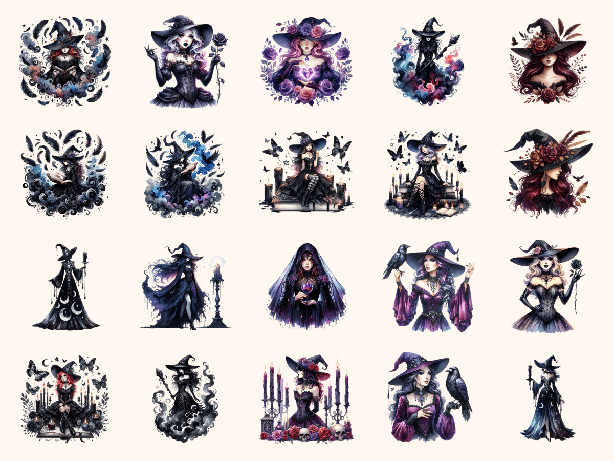 Gothcore Witches Clipart All Bundles Clipart Line Art - WondersArtist