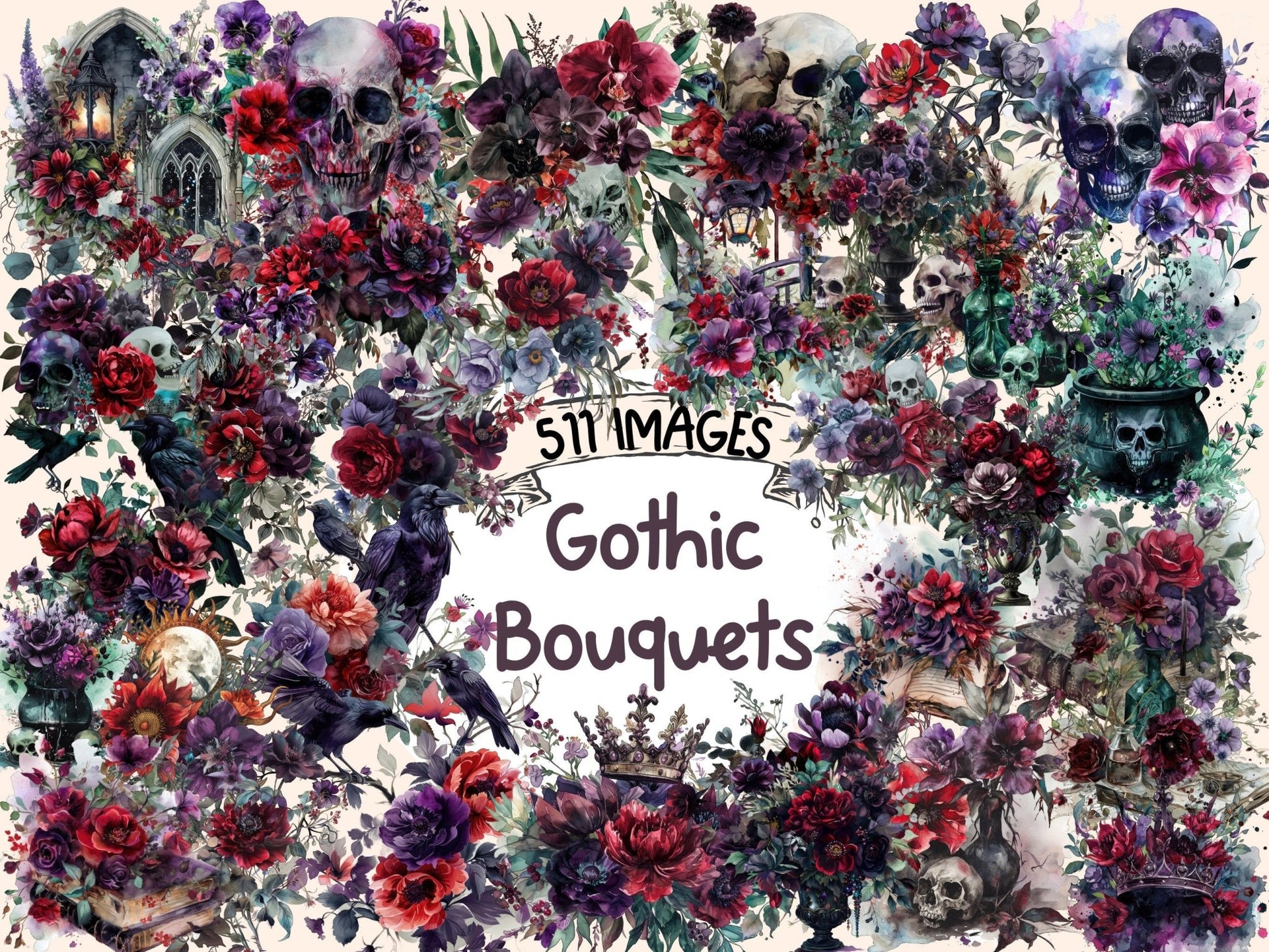 Gothic Bouquets Watercolor Clipart - High - Quality Instant Digital Download for Creative Projects