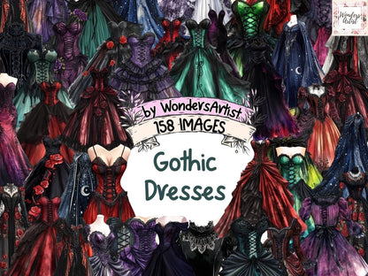 Gothic Dresses Watercolor Clipart Dark Dress Graphics - Wonders Artist