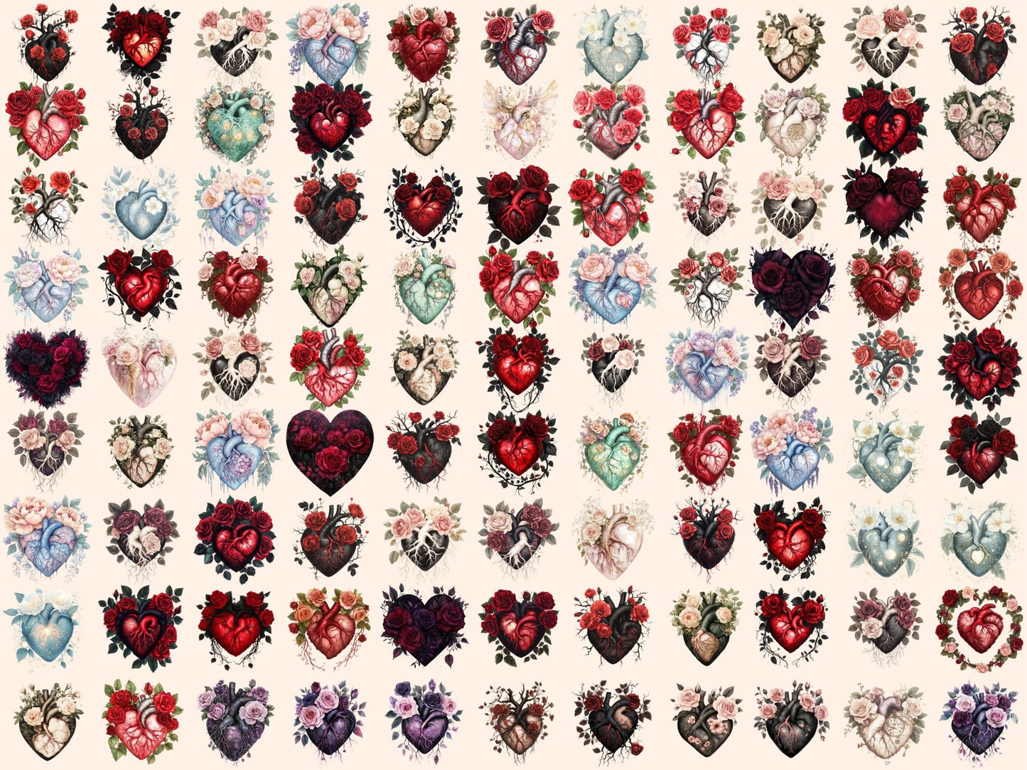 Gothic Floral Hearts Watercolor Clipart Bundle - High - Quality Instant Digital Download for Creative Projects