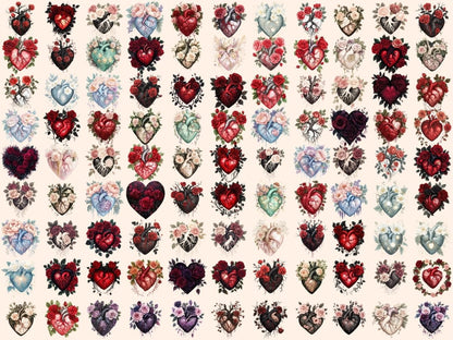 Gothic Floral Hearts Watercolor Clipart Dark Heart PNG - Wonders Artist