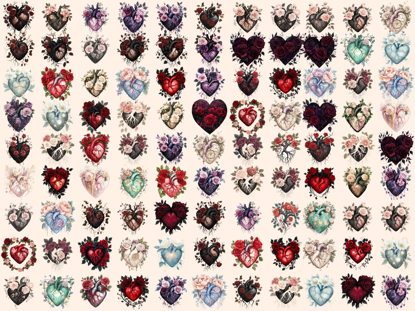 Gothic Floral Hearts Watercolor Clipart Bundle - High - Quality Instant Digital Download for Creative Projects