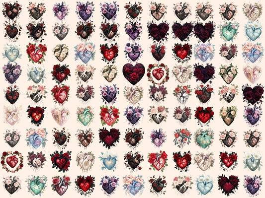 Gothic Floral Hearts Watercolor Clipart