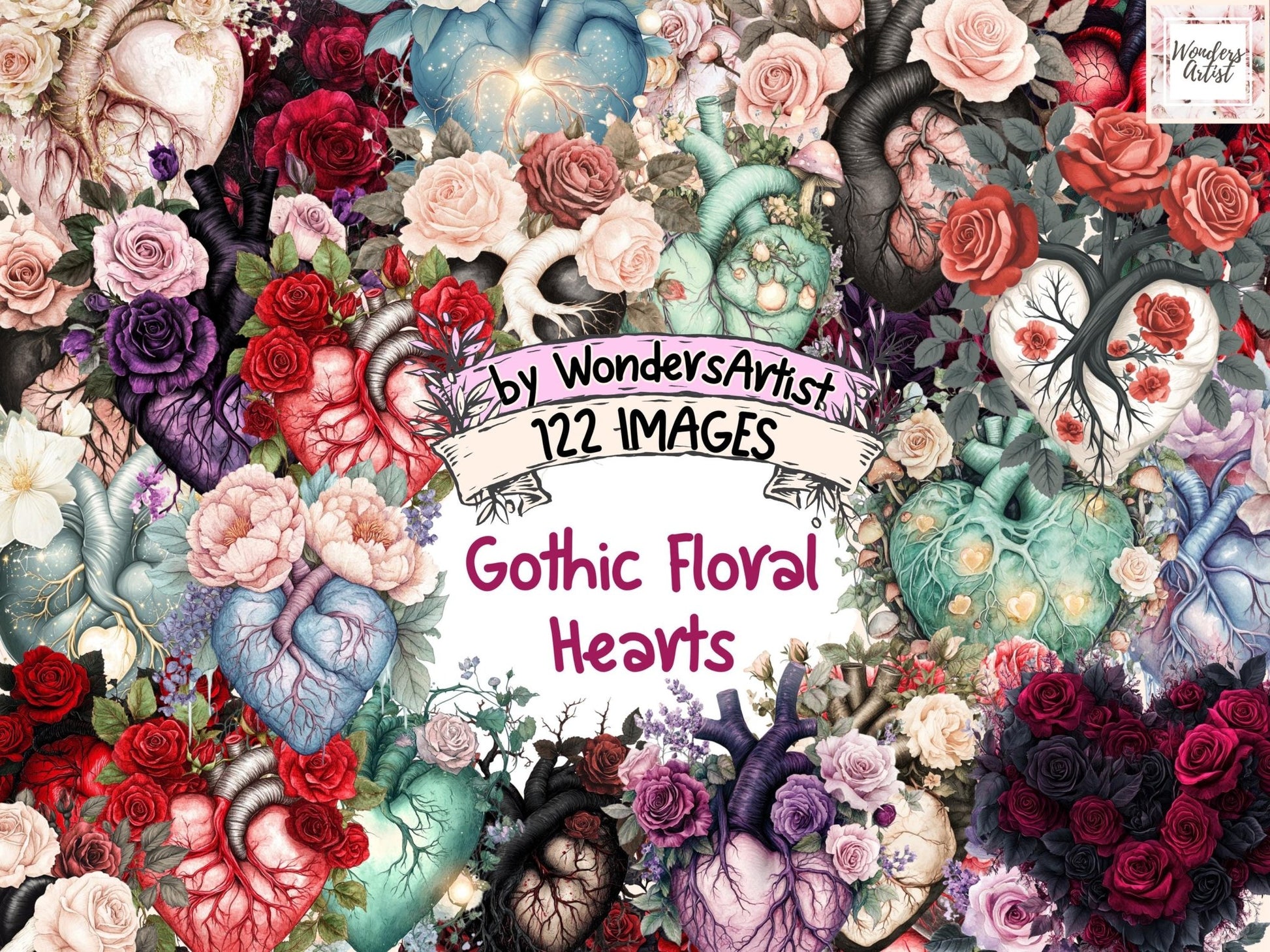 Gothic Floral Hearts Watercolor Clipart Bundle - High - Quality Instant Digital Download for Creative Projects