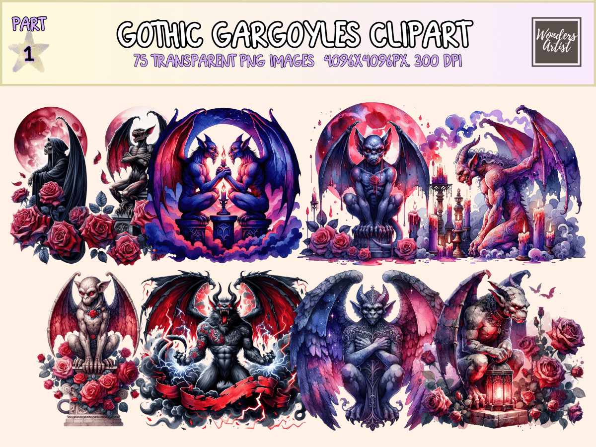 Gothic Gargoyles Clipart All Bundles Clipart Line Art - WondersArtist