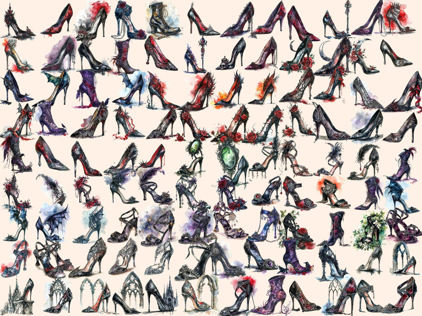 Gothic High Heels Watercolor Clipart - High - Quality Instant Digital Download for Creative Projects