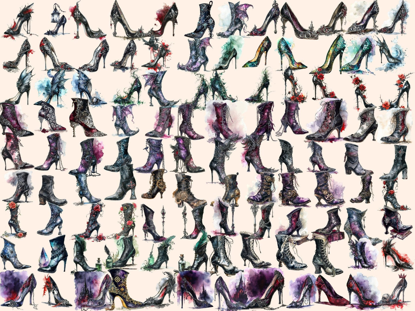 Gothic High Heels Watercolor Clipart - High - Quality Instant Digital Download for Creative Projects