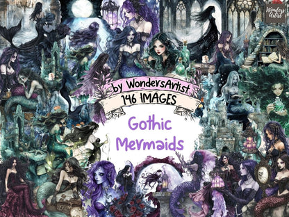 Gothic Mermaids Watercolor Clipart dark mermaid clipart eerie mermaid png fantasy mermaid png - WondersArtist