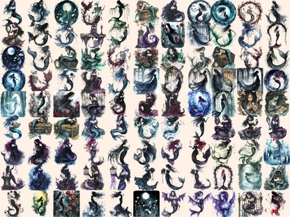 Gothic Mermaids Watercolor Clipart dark mermaid clipart eerie mermaid png fantasy mermaid png - WondersArtist